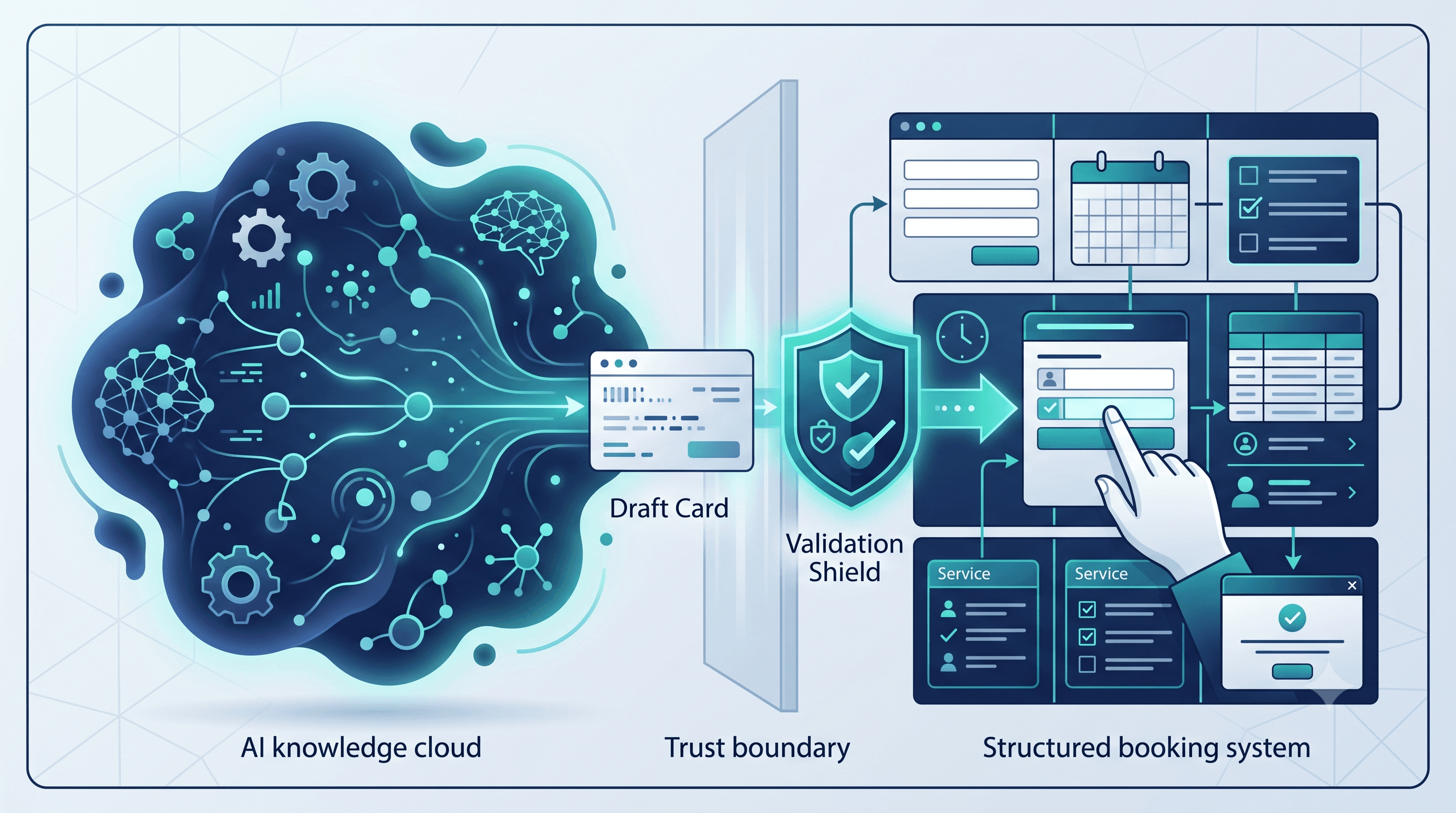 Illustration of the boundary between flexible AI and a reliable booking system