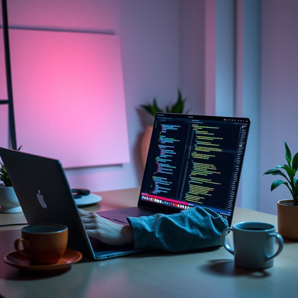 A developer writing NestJS code with a clean interface and minimalist desk.