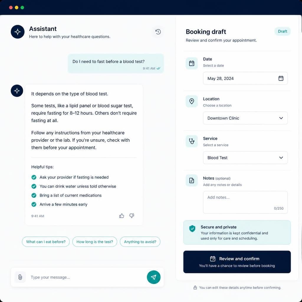 Concept UI combining an FAQ answer with a booking draft card