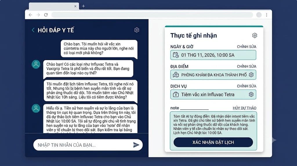 Giao diện khái niệm kết hợp câu trả lời FAQ và thẻ booking nháp